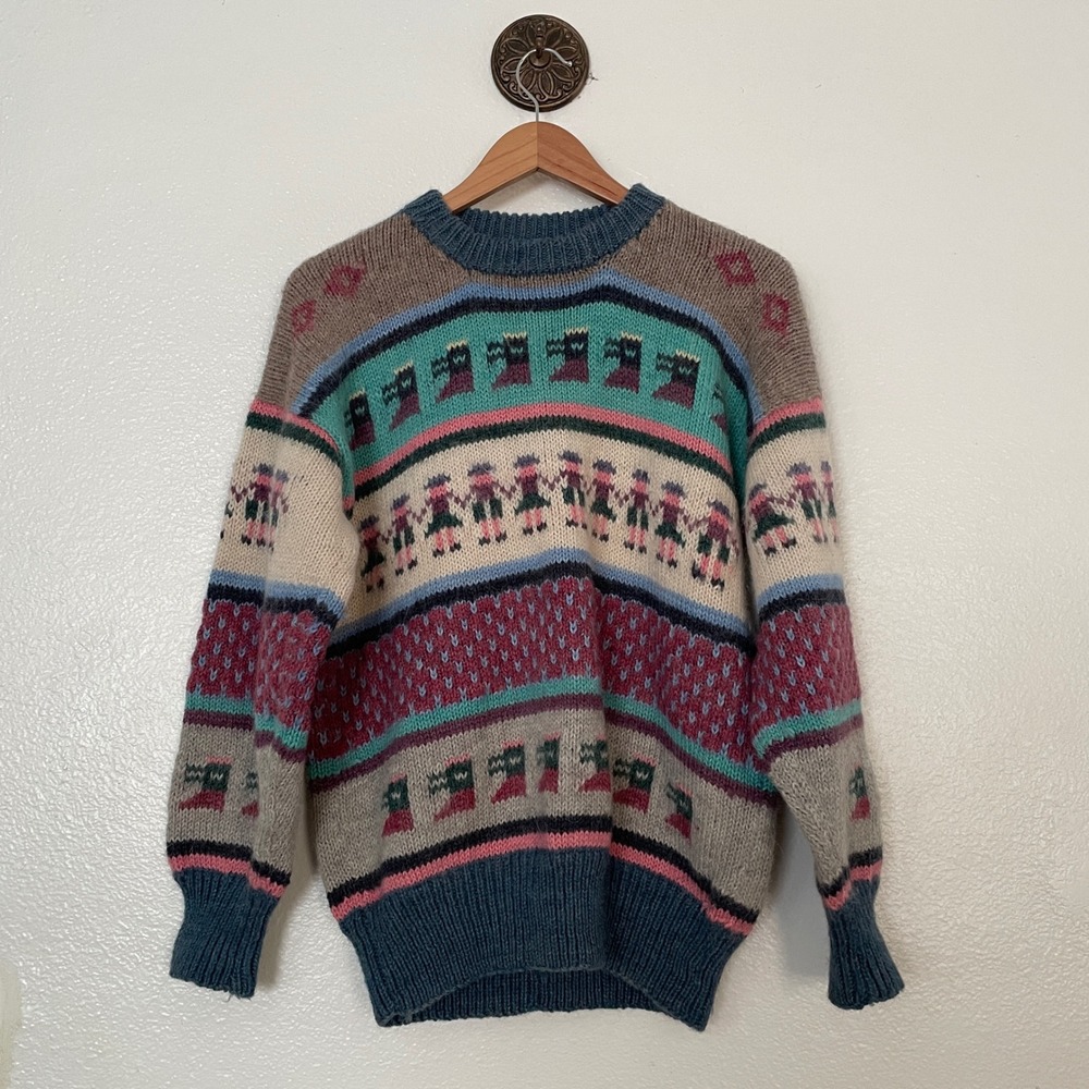 Vintage‎ Hand Knit Wool Fair Isle Sweater Paper Doll Pattern Multi Color Chunky